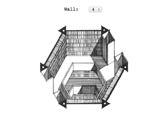 A wall of a hexagonal chamber in the digital Library of Babel